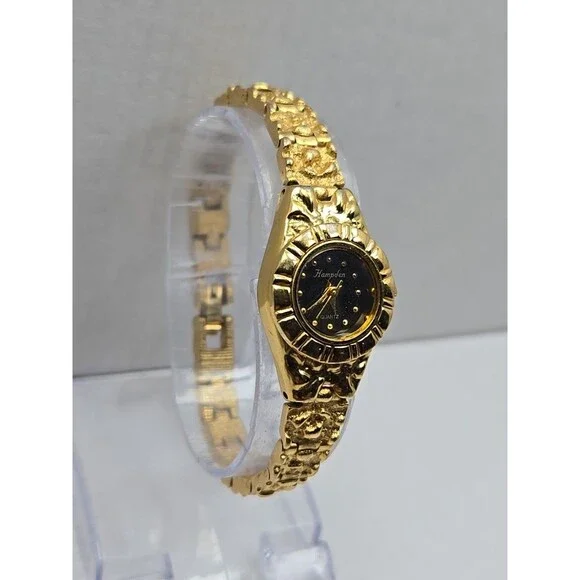Hampden Women Quartz Goldtone Nugget Bracelet Watch Japan Movt New Battery Black